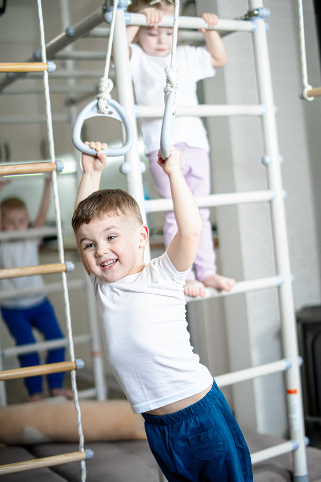 Three children using gymnastic rings and ladders on a home sensory play gym
