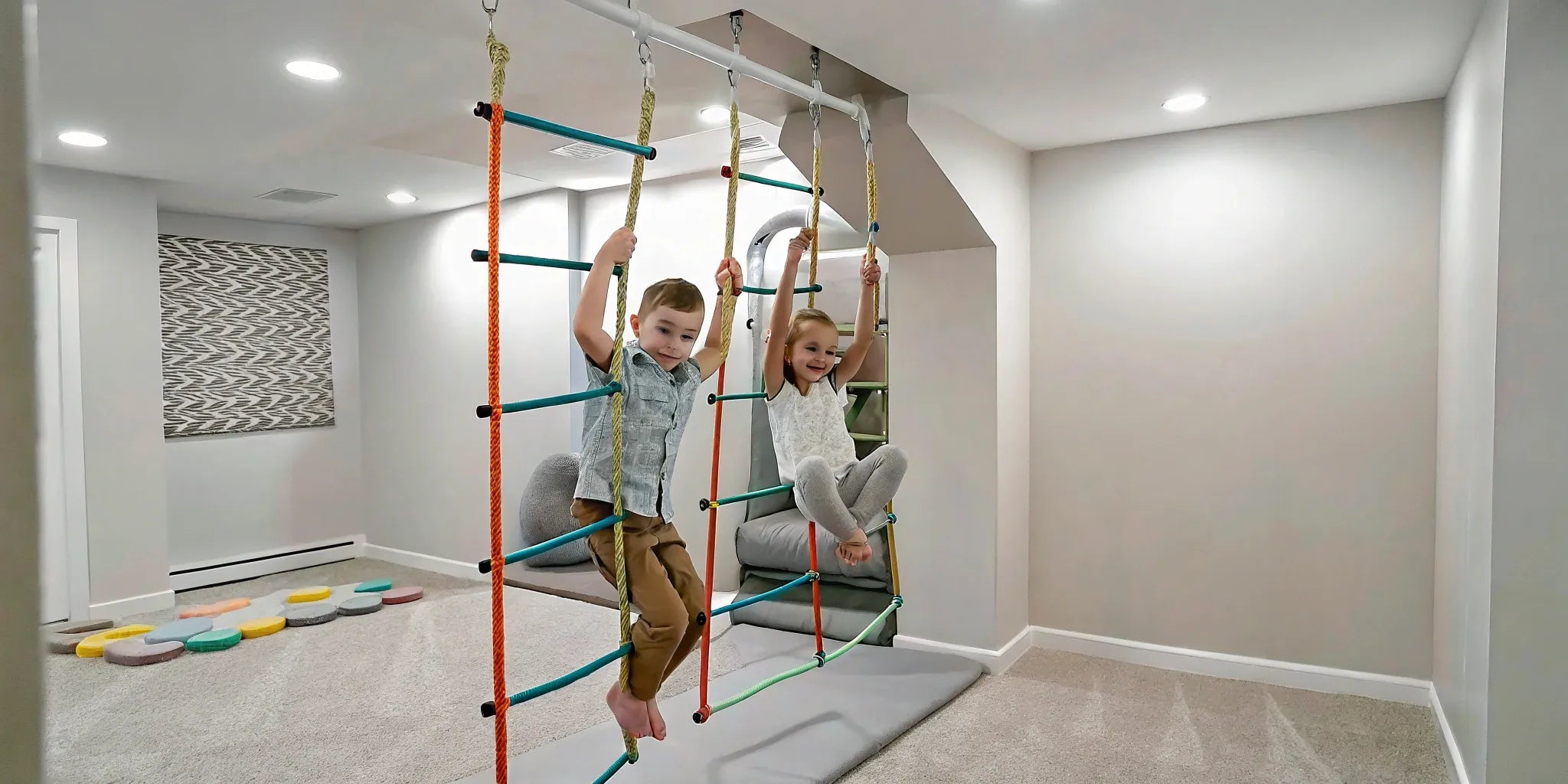 Safe basement monkey bars for kids.