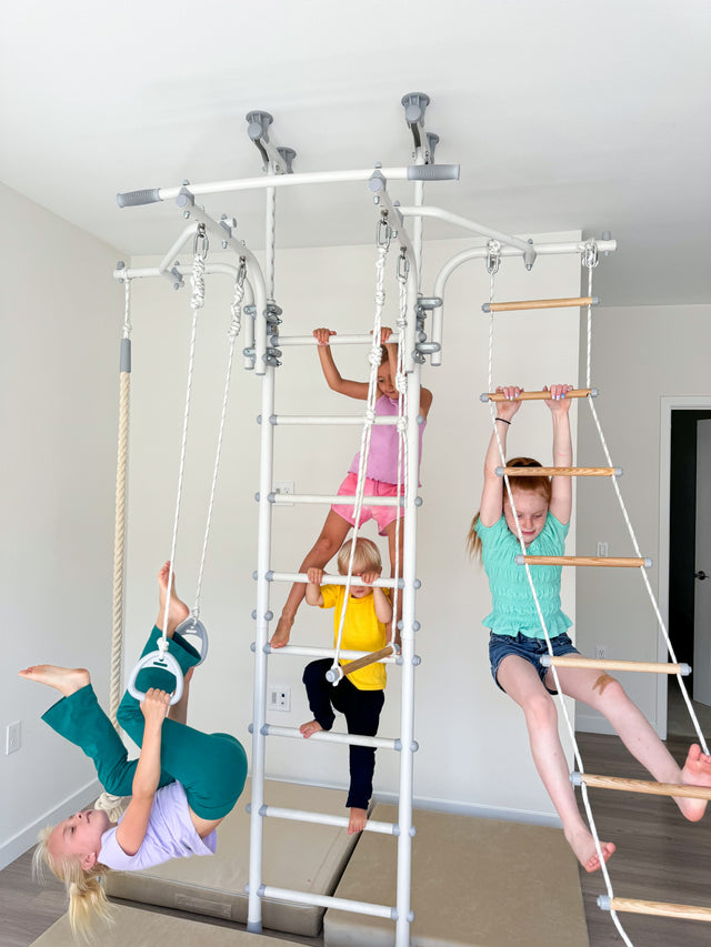 Four kids playing at once on a Brainrich indoor play gym at home