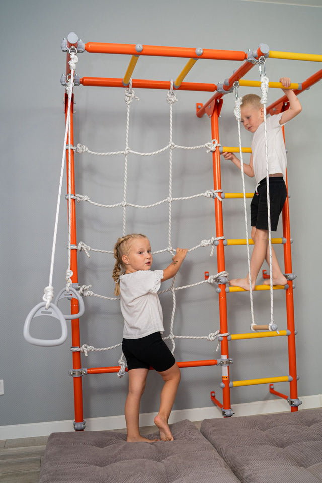 Two kids taking a body break on a Brainrich home play gym, one climbing the ladder and one on the rope net