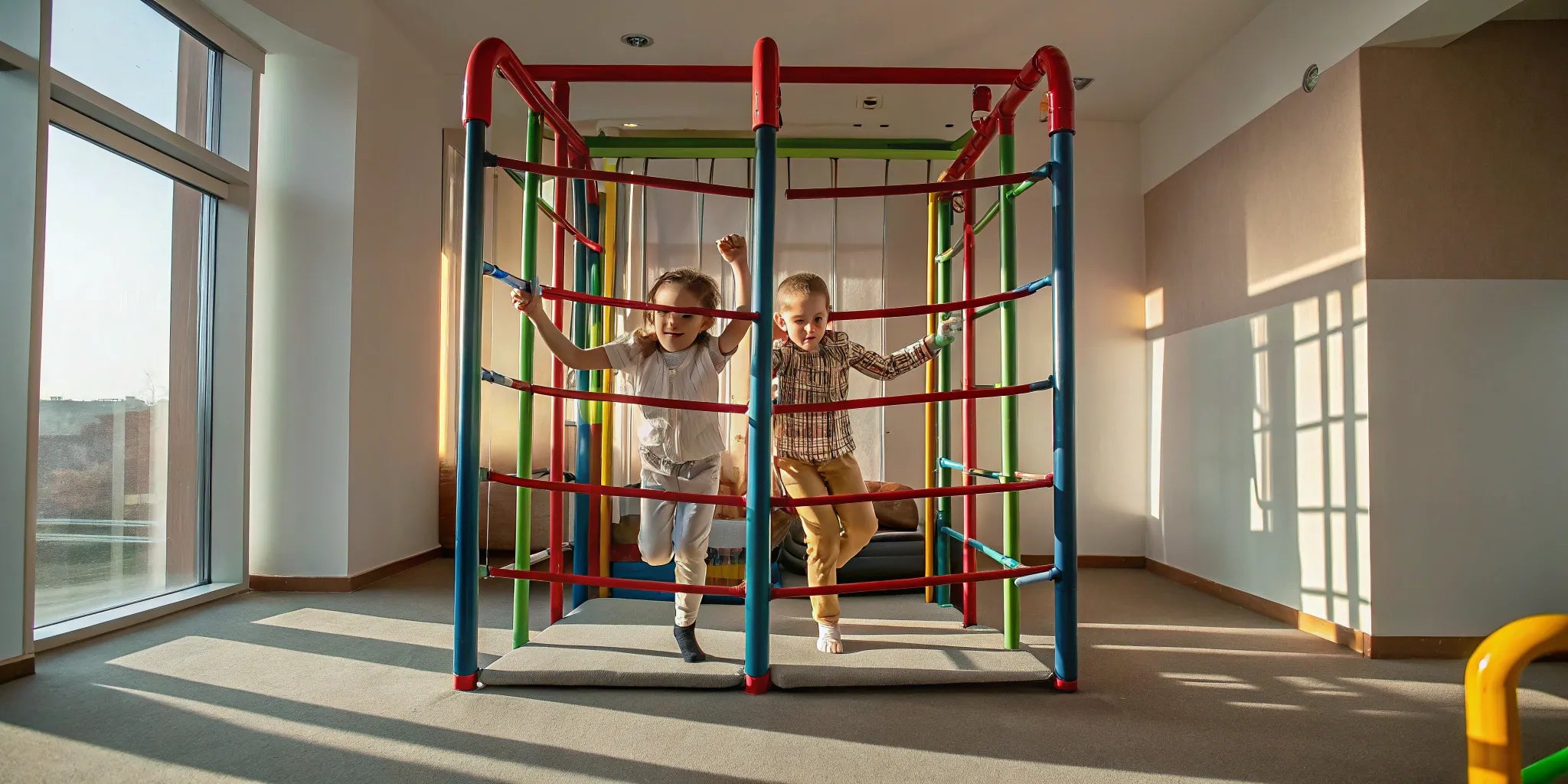 Freestanding indoor monkey bars for kids.