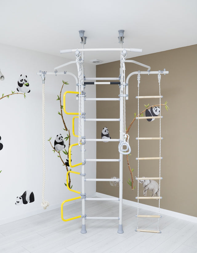 Brainrich steel wall-mounted jungle gym with rope ladder, rings, and climbing rope in a kids room