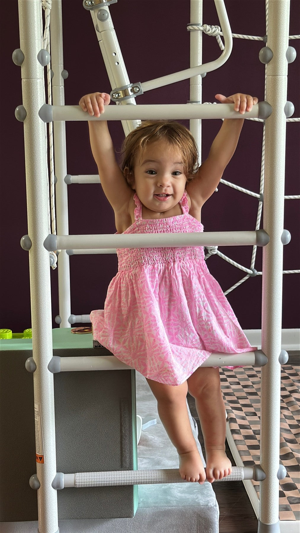 Smiling toddler girl holding the low rungs of a Brainrich indoor play gym ladder at home