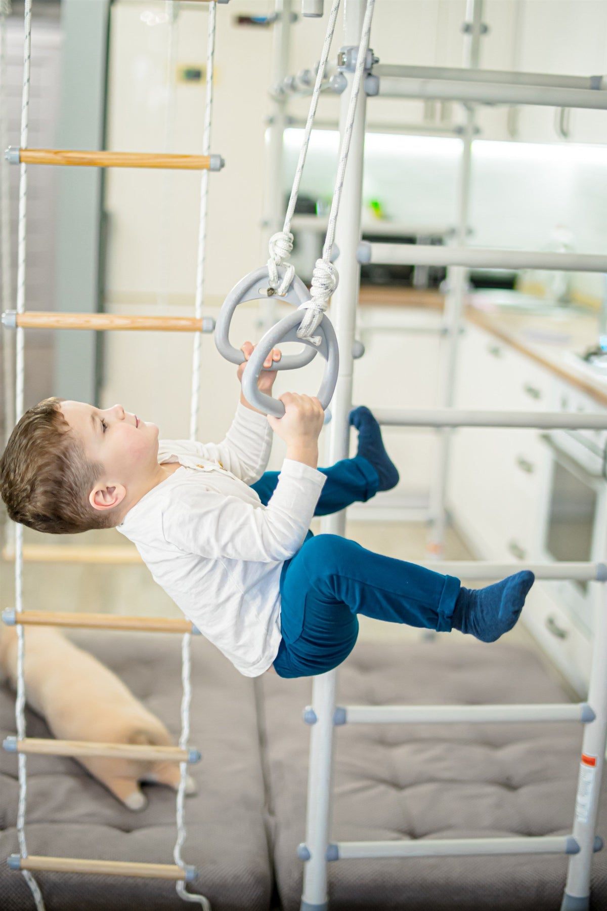 Toddler boy pulling up on gymnastic rings at home, getting heavy work input