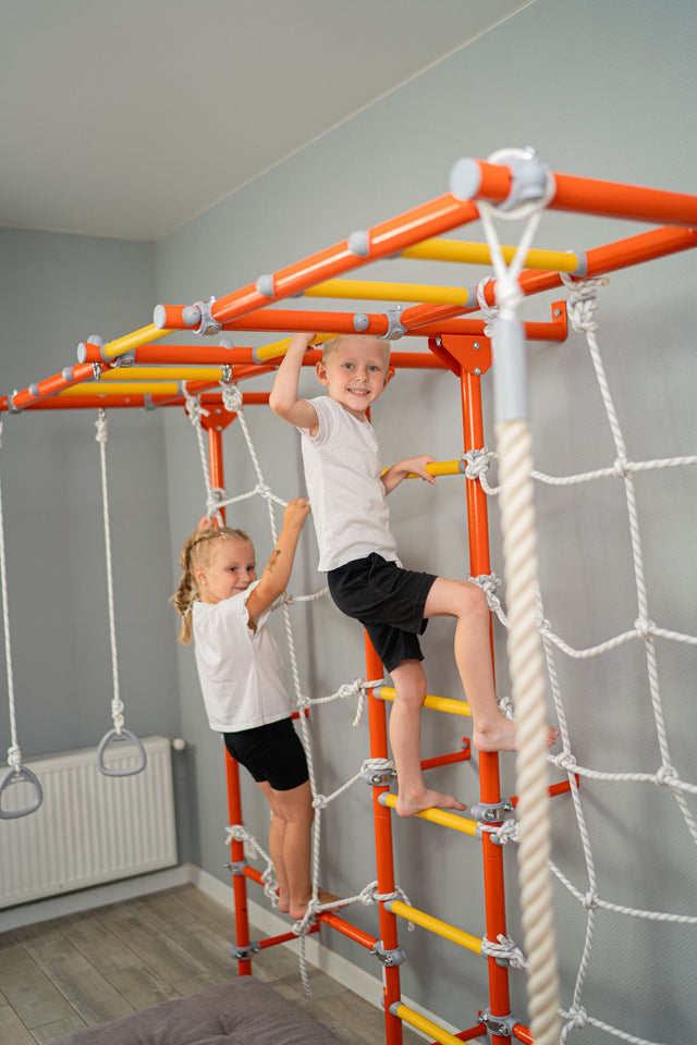 Two kids climbing the net and ladder of a wall-mounted Brainrich play gym during homeschool PE activities