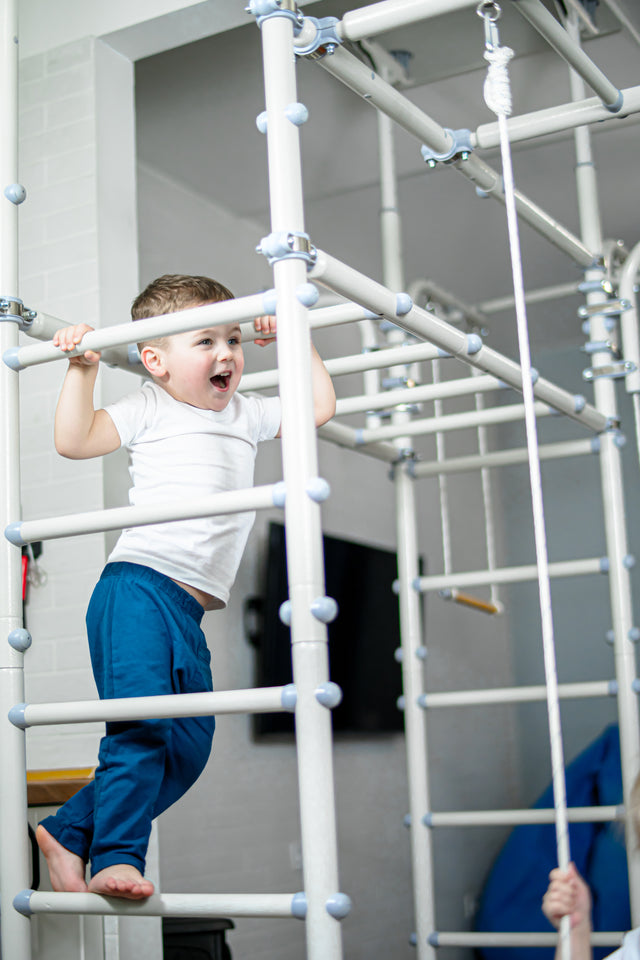 Young boy climbing the ladder of a Brainrich home play gym during a kindergarten homeschool movement break