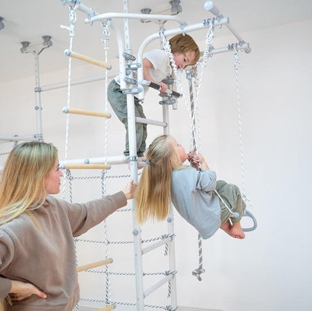 Toddlers and mom playing on indoor jungle gym